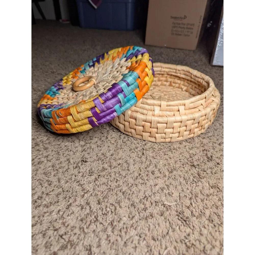 Handwoven Boho Straw Basket with Lid Colorful Raffia Wooden Ring Handle
